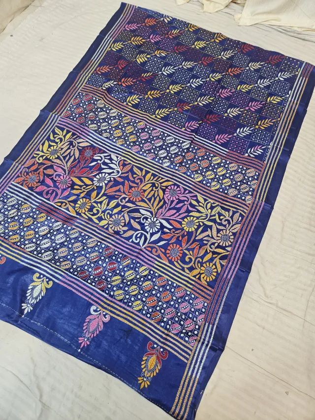 Royal Blue Blended Bangalore Silk Saree with Handcrafted Multi-Color Floral Garden & Eyelet Grid Kantha Stitch