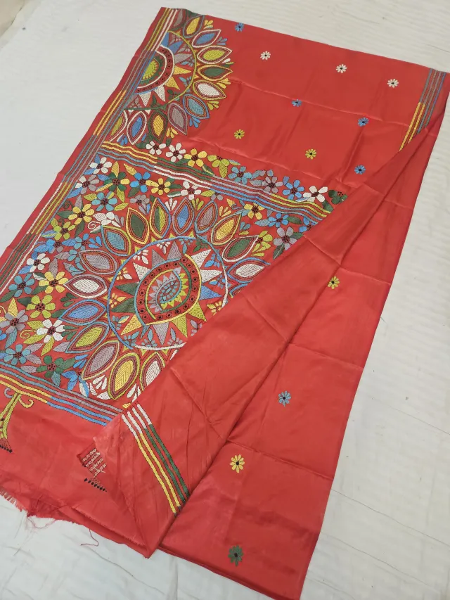 Crimson Red Blended Bangalore Silk Saree with Handcrafted Multi-Color Floral Solar Mandala Kantha Stitch