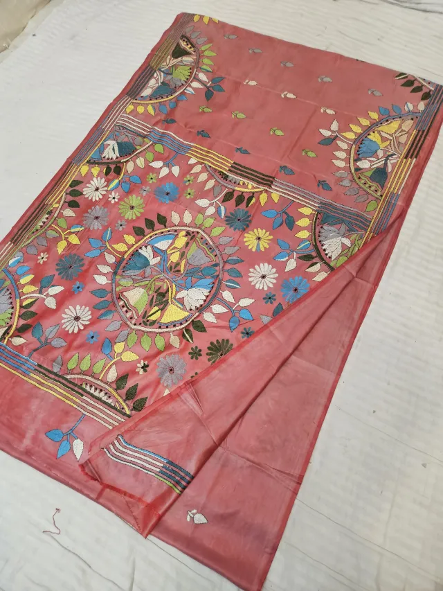 Peach Blended Bangalore Silk Saree with Handcrafted Multi-Color Floral Mandala Kantha Stitch