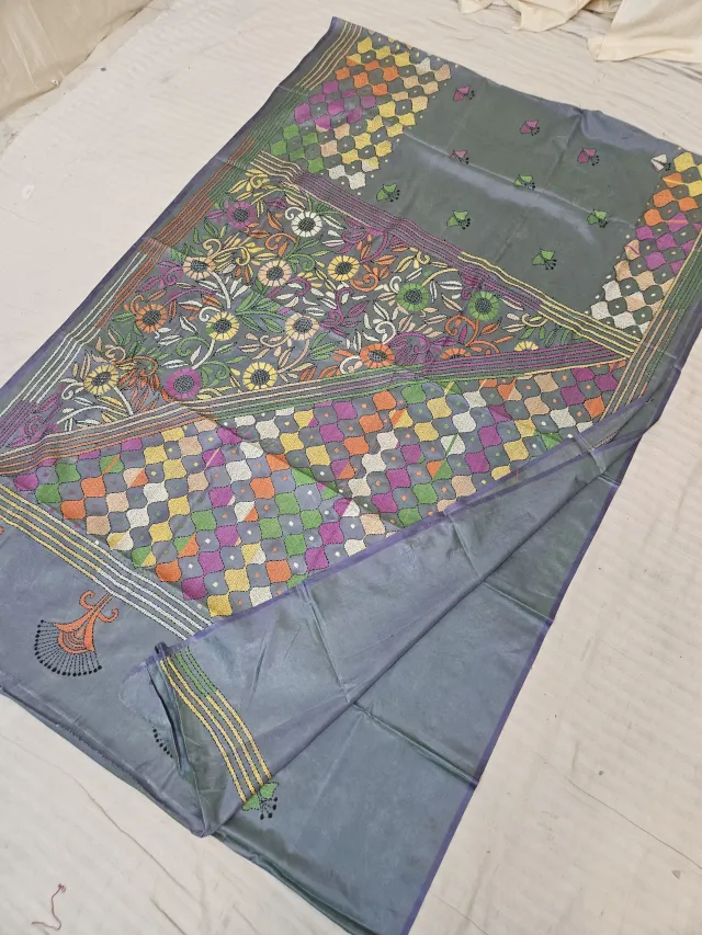 Steel Grey Blended Bangalore Silk Saree with Handcrafted Multi-Color Sunflower Garden & Geometric Diamond Kantha Stitch