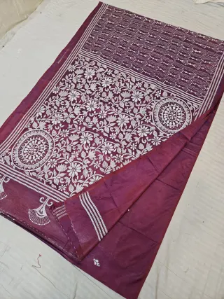 Deep Wine Blended Bangalore Silk Saree with Handcrafted Monochromatic White Floral Garden & Mandala Kantha Stitch