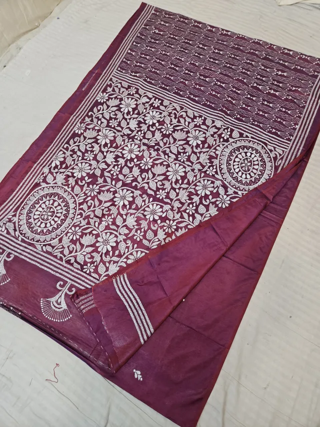 Deep Wine Blended Bangalore Silk Saree with Handcrafted Monochromatic White Floral Garden & Mandala Kantha Stitch