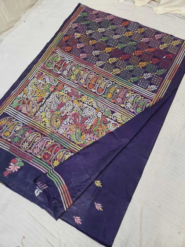 Deep Indigo Purple Blended Bangalore Silk Saree with Handcrafted Multi-Color Paisley Kalka & Grid Kantha Stitch