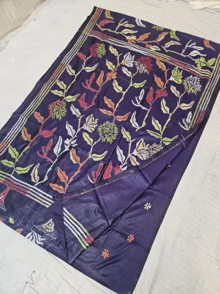 Navy Blue Blended Bangalore Silk Saree with Handcrafted Multi-Color Botanical Floral Tree Kantha Stitch