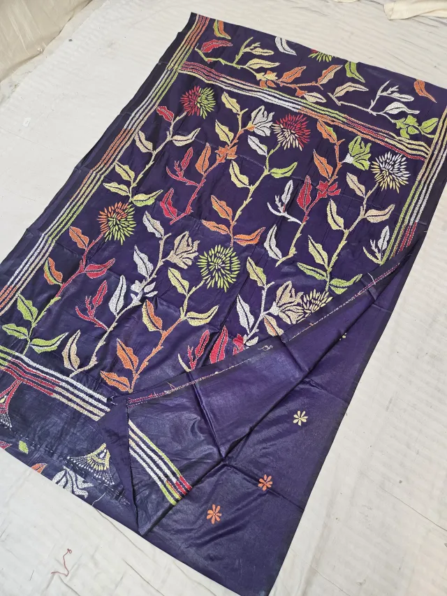 Navy Blue Blended Bangalore Silk Saree with Handcrafted Multi-Color Botanical Floral Tree Kantha Stitch