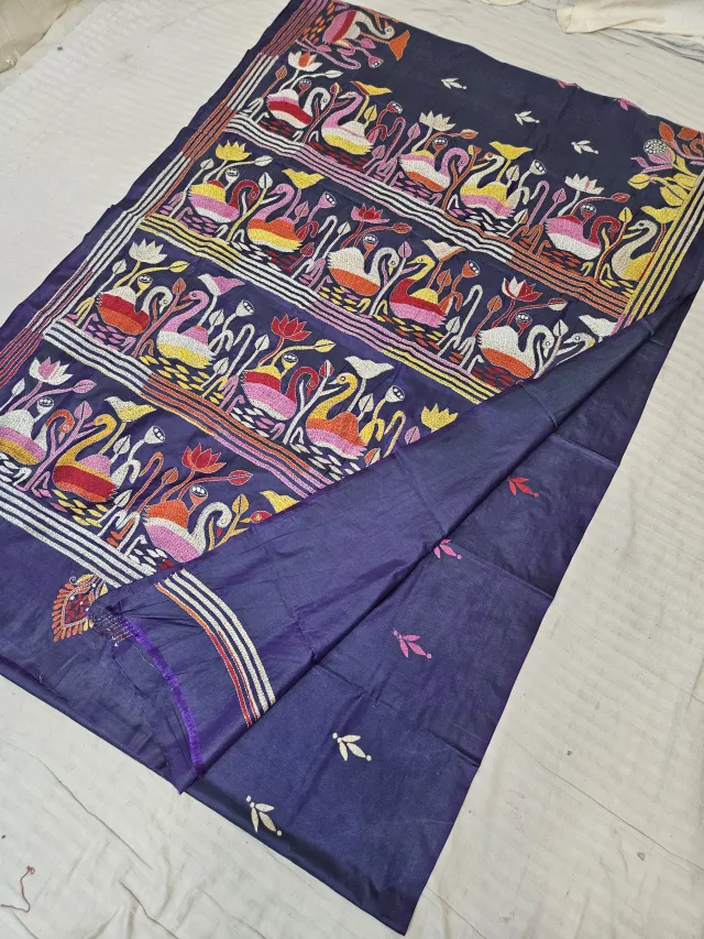 Navy Blue Blended Bangalore Silk Saree with Handcrafted Multi-Color Swan & Lotus Pond Kantha Stitch
