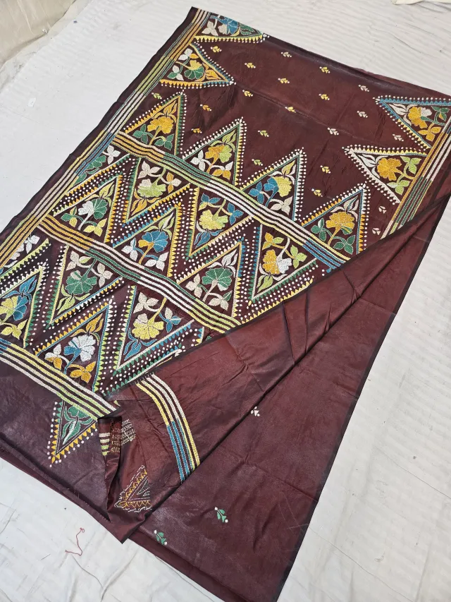 Coffee Brown Blended Bangalore Silk Saree with Handcrafted Multi-Color Geometric Chevron & Floral Kantha Stitch