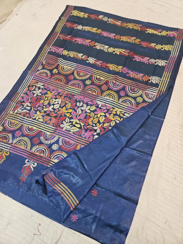 Navy Blue Blended Bangalore Silk Saree with Handcrafted Multi-Color Floral Garden & Sunburst Arch Kantha Stitch