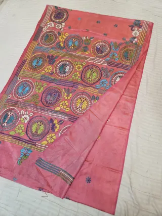 Rose Pink Blended Bangalore Silk Saree with Handcrafted Multi-Color Floral Chakra & Medallion Kantha Stitch