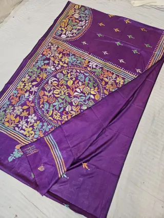 Royal Violet Blended Bangalore Silk Saree with Handcrafted Multi-Color Floral Garden & Mandala Kantha Stitch