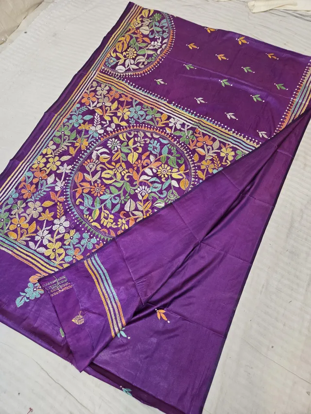 Royal Violet Blended Bangalore Silk Saree with Handcrafted Multi-Color Floral Garden & Mandala Kantha Stitch