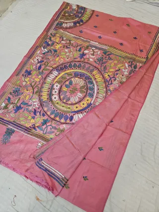 Rose Pink Blended Bangalore Silk Saree with Handcrafted Multi-Color Floral Solar Mandala Kantha Stitch