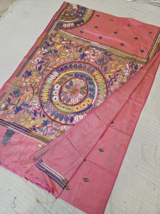 Rose Pink Blended Bangalore Silk Saree with Handcrafted Multi-Color Floral Solar Mandala Kantha Stitch