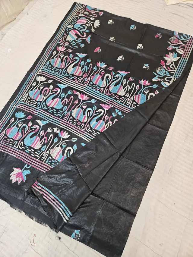 Jet Black Blended Bangalore Silk Saree with Handcrafted Multi-Color Swan & Lotus Pond Kantha Stitch