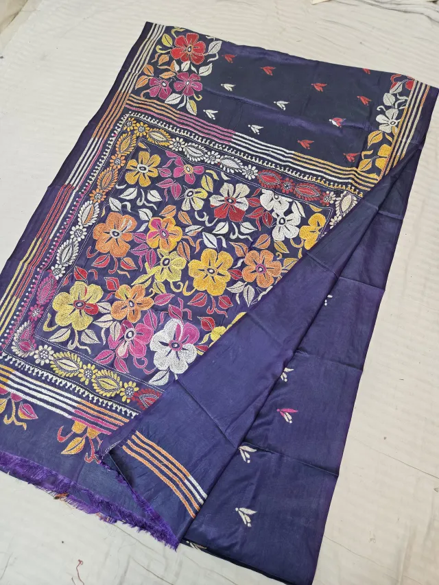 Navy Blue Blended Bangalore Silk Saree with Handcrafted Multi-Color Floral Garden Kantha Stitch
