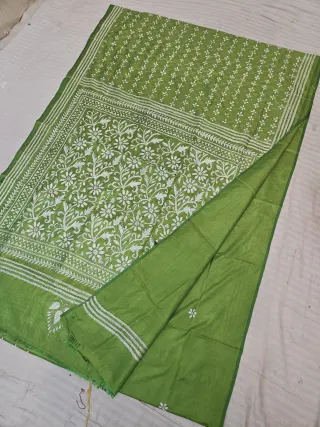 Parrot Green Blended Bangalore Silk Saree with Handcrafted Monochromatic White Floral Garden Kantha Stitch