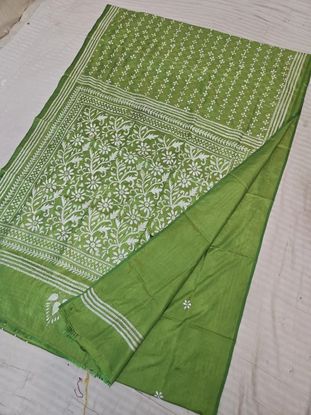 Parrot Green Blended Bangalore Silk Saree with Handcrafted Monochromatic White Floral Garden Kantha Stitch
