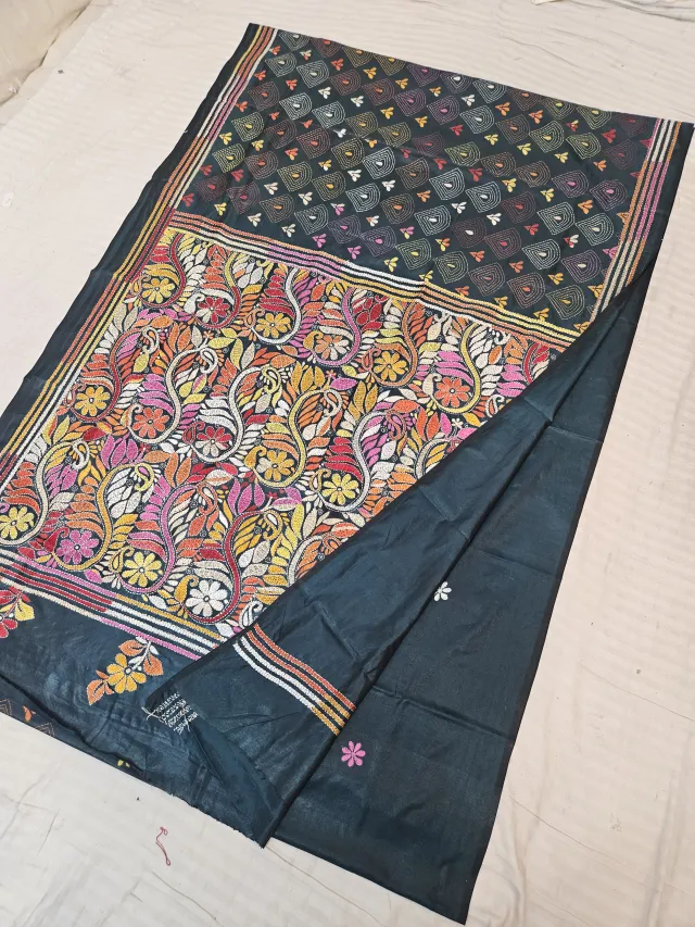 Jet Black Blended Bangalore Silk Saree with Handcrafted Multi-Color Paisley Kalka & Arched Lattice Kantha Stitch