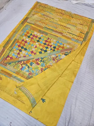 Haldi Yellow Blended Bangalore Silk Saree with Handcrafted Multi-Color Floral Garden & Geometric Diamond Kantha Stitch