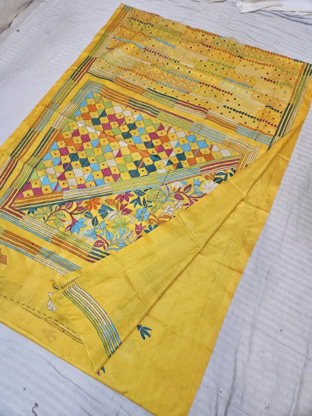 Haldi Yellow Blended Bangalore Silk Saree with Handcrafted Multi-Color Floral Garden & Geometric Diamond Kantha Stitch