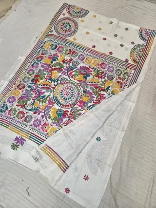 Off-White Blended Bangalore Silk Saree with Handcrafted Multi-Color Floral Garden & Chakra Mandala Kantha Stitch