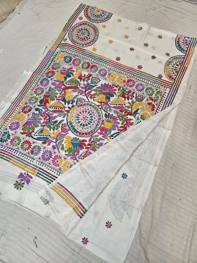 Off-White Blended Bangalore Silk Saree with Handcrafted Multi-Color Floral Garden & Chakra Mandala Kantha Stitch