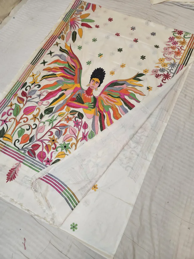 Off-White Blended Bangalore Silk Saree with Handcrafted Multi-Color Winged Apsara & Floral Garden Kantha Stitch