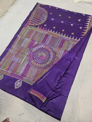 Royal Violet Blended Bangalore Silk Saree with Handcrafted Multi-Color Geometric Pinstripe & Sunburst Mandala Kantha Stitch