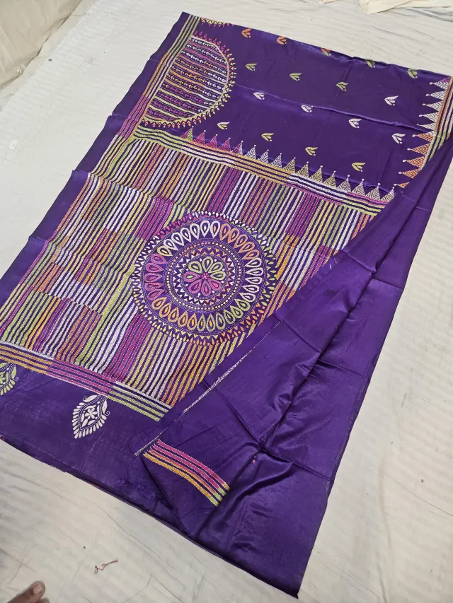 Royal Violet Blended Bangalore Silk Saree with Handcrafted Multi-Color Geometric Pinstripe & Sunburst Mandala Kantha Stitch