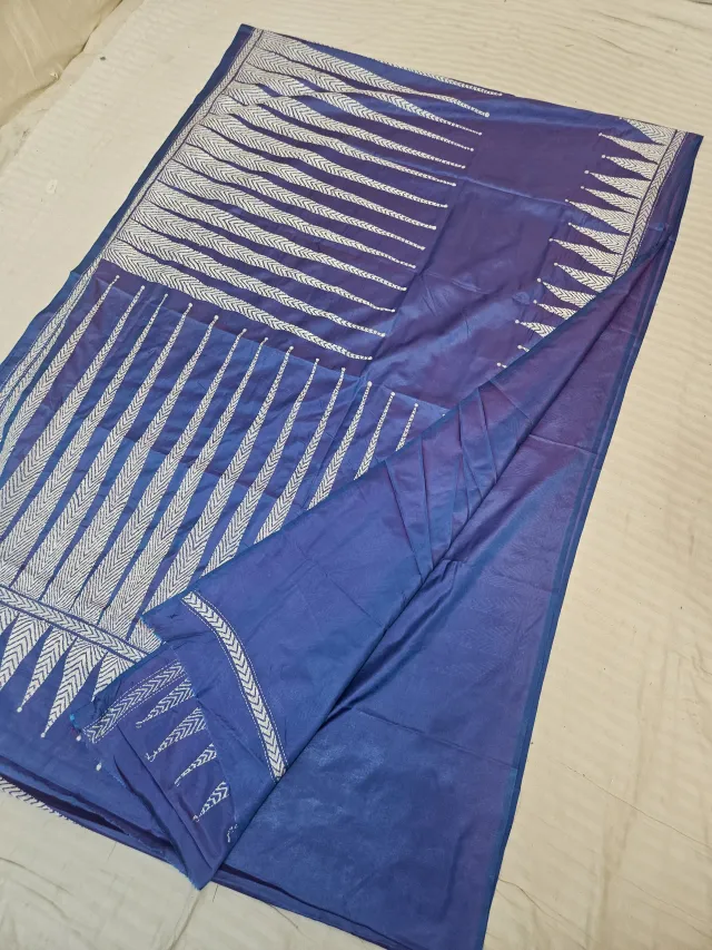 Royal Blue Blended Bangalore Silk Saree with Handcrafted Monochromatic White Geometric Chevron & Stripe Kantha Stitch
