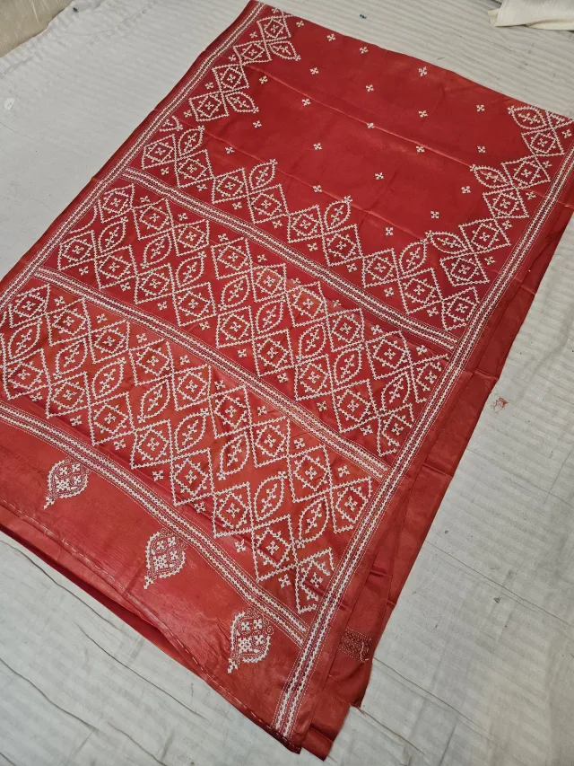 Crimson Red Blended Bangalore Silk Saree with Handcrafted Monochromatic White Gujarati Stitch Geometric Diamond