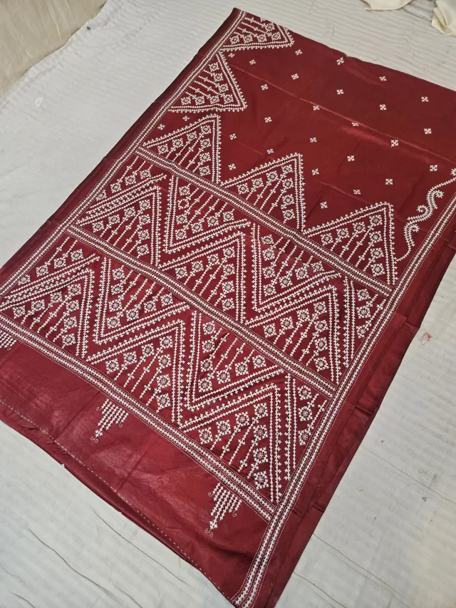 Maroon Red Blended Bangalore Silk Saree with Handcrafted Monochromatic White Gujarati Stitch Geometric Chevron