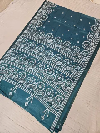 Teal Green Blended Bangalore Silk Saree with Handcrafted Monochromatic White Gujarati Stitch Scalloped Chakra