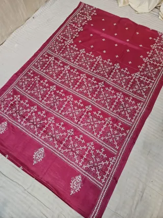 Rani Pink Blended Bangalore Silk Saree with Handcrafted Monochromatic White Gujarati Stitch Geometric Starburst