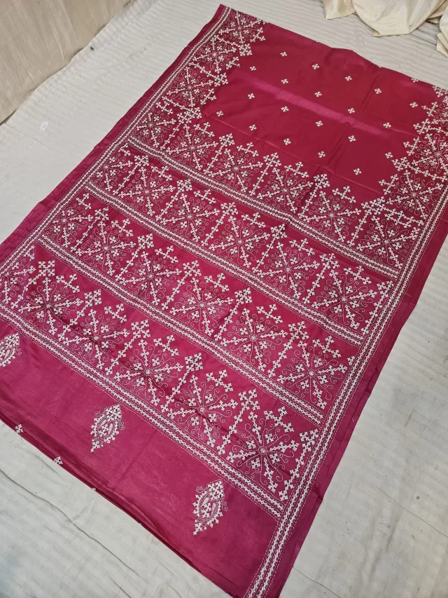 Rani Pink Blended Bangalore Silk Saree with Handcrafted Monochromatic White Gujarati Stitch Geometric Starburst