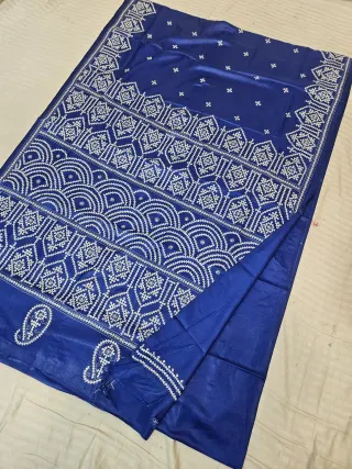 Royal Blue Blended Bangalore Silk Saree with Handcrafted Monochromatic White Gujarati Stitch Geometric Scallop & Diamond
