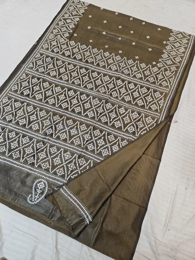 Coffee Brown Blended Bangalore Silk Saree with Handcrafted Monochromatic White Gujarati Stitch Geometric Diamond