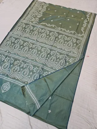 Sage Green Blended Bangalore Silk Saree with Handcrafted Monochromatic White Gujarati Stitch Paisley Kalka