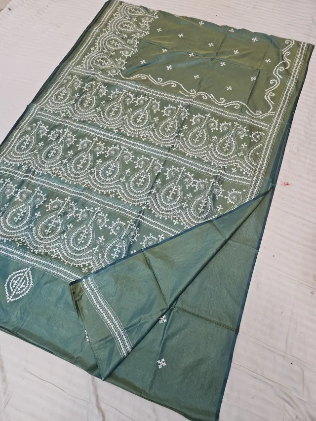Sage Green Blended Bangalore Silk Saree with Handcrafted Monochromatic White Gujarati Stitch Paisley Kalka