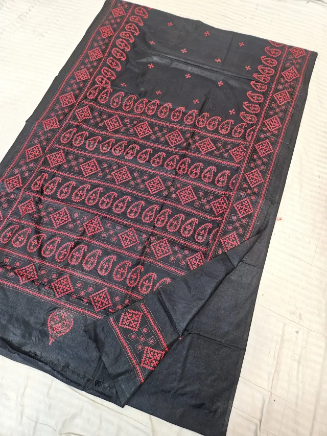 Jet Black Blended Bangalore Silk Saree with Handcrafted Ruby Red Gujarati Stitch Geometric Diamond & Paisley Kalka