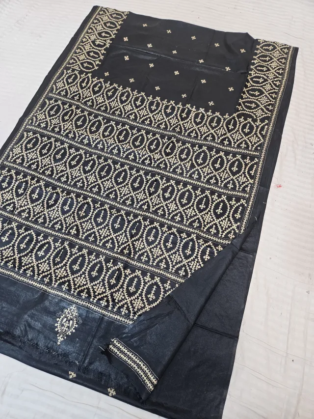 Jet Black Blended Bangalore Silk Saree with Handcrafted Beige-Gold Gujarati Stitch Geometric Diamond & Trellis