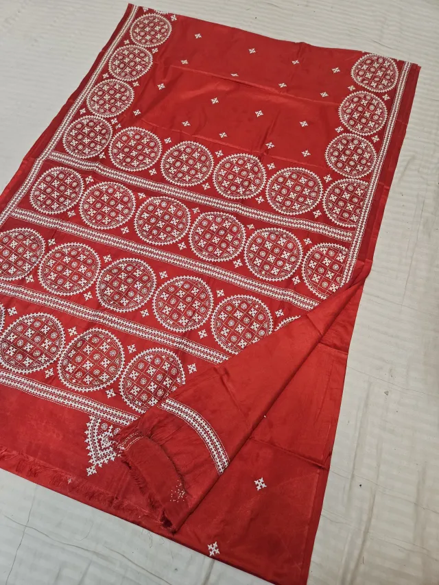 Scarlet Red Blended Bangalore Silk Saree with Handcrafted Monochromatic White Gujarati Stitch Circular Chakra
