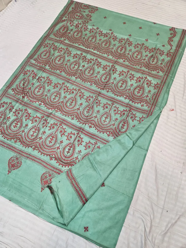 Mint Green Blended Bangalore Silk Saree with Handcrafted Terracotta Red Gujarati Stitch Paisley Kalka