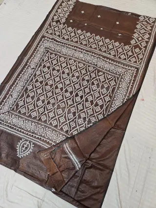 Coffee Brown Blended Bangalore Silk Saree with Handcrafted Monochromatic White Gujarati Stitch Geometric Trellis Jaal