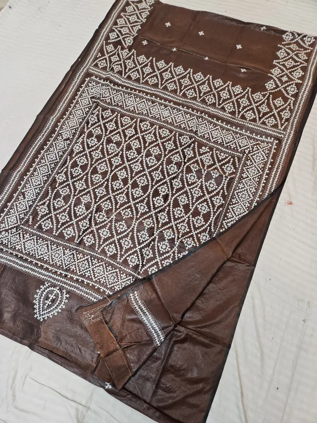 Coffee Brown Blended Bangalore Silk Saree with Handcrafted Monochromatic White Gujarati Stitch Geometric Trellis Jaal