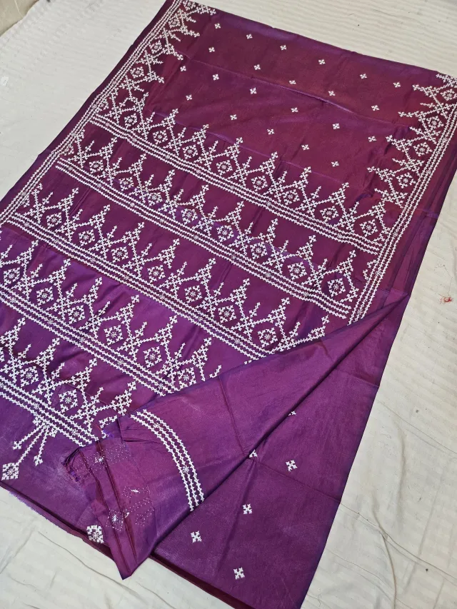 Royal Violet Blended Bangalore Silk Saree with Handcrafted Monochromatic White Gujarati Stitch Geometric Chevron Temple