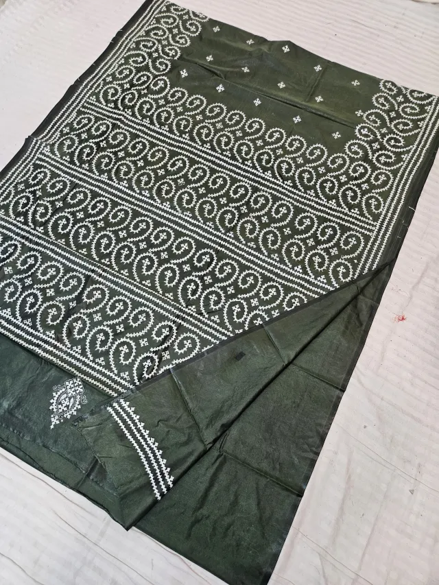 Deep Moss Green Blended Bangalore Silk Saree with Handcrafted Monochromatic White Gujarati Stitch Scrolling Paisley