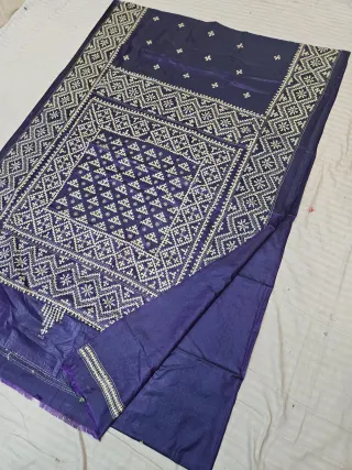 Navy Blue Blended Bangalore Silk Saree with Handcrafted Cream Gujarati Stitch Geometric Diamond & Medallion