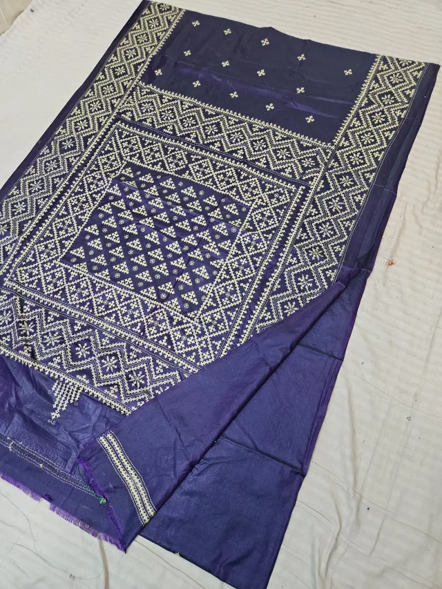 Navy Blue Blended Bangalore Silk Saree with Handcrafted Cream Gujarati Stitch Geometric Diamond & Medallion