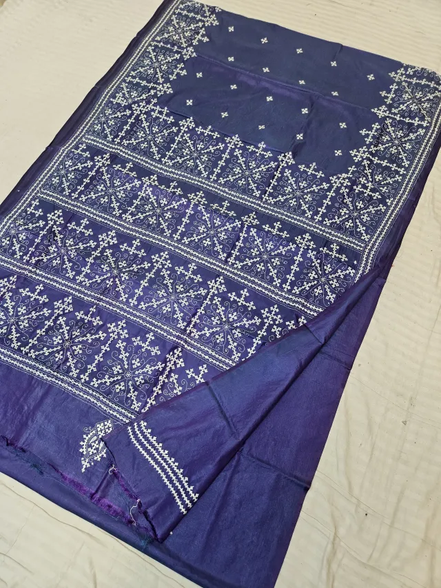 Indigo Blue Blended Bangalore Silk Saree with Handcrafted Monochromatic White Gujarati Stitch Geometric Starburst